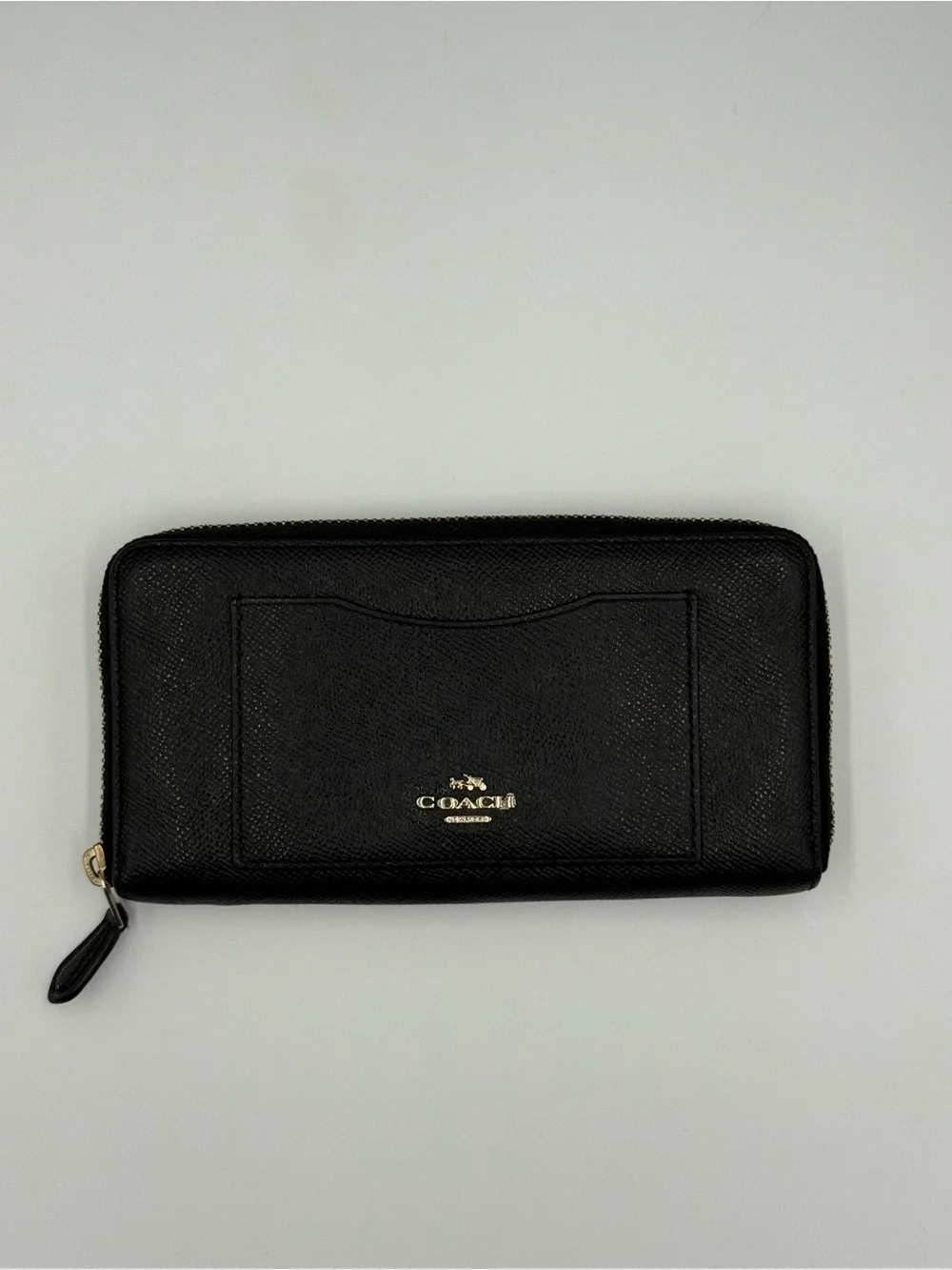 Coach Black Zip-Around Saffiano Leather Wallet with Gold Logo